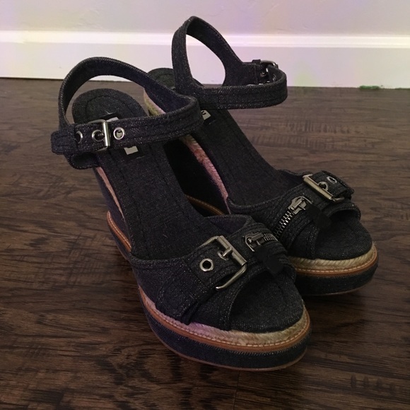 Miu Miu Denim Wedges, Braided Detail, Blue - Picture 1 of 8